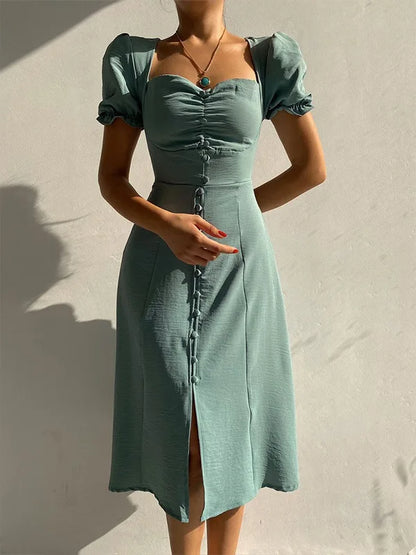 Dresses For Women 2025 Summer New V Neck Short Sleeve Single-breasted Midi Dress Elegant Holiday Casual Robes Sexy Slit Vestidos