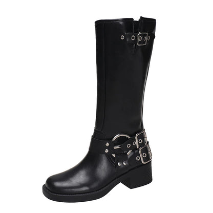 Winter Women Knee High Boots Fashion Belt buckle Long Boots Female Elegant Thick Heel Women's Knight Botties