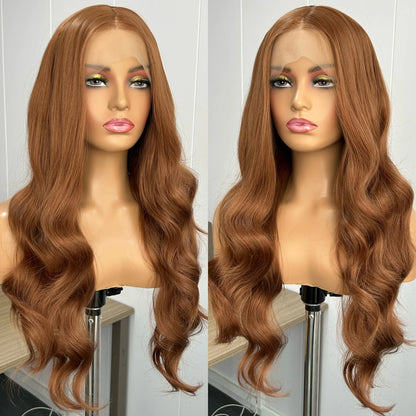 Ginger Brown Long Body Wave Synthetic Middle Part Natural Curly Loose Wavy Reddish Brown Heat Resistant Fiber Wigs for Women