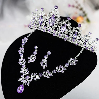 Luxury Silver Crown Necklace and Earring Set for Women, Purple Teardrop Tiara with Leaf Choker and Dangle Earrings, Wedding Prom