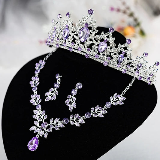Luxury Silver Crown Necklace and Earring Set for Women, Purple Teardrop Tiara with Leaf Choker and Dangle Earrings, Wedding Prom