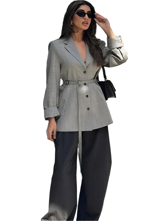 ZBZA Women Loose Blazer with Belt Lapel Long Sleeve Single Breasted Solid Sleeve Button Casual Commuter Jacket Fall Winter Coat