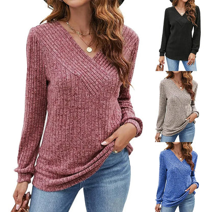 4 Colors V-Neck Knitted Top Women Elegant V-Neck T-Shirt Autumn Winter Pullover Blouse