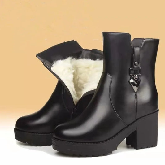 2025New Winter Women's Boots Luxury Casual Leather Boot Fashion High Heel Ankle Boots for Women Plush Warm Snow Boot Botas Mujer