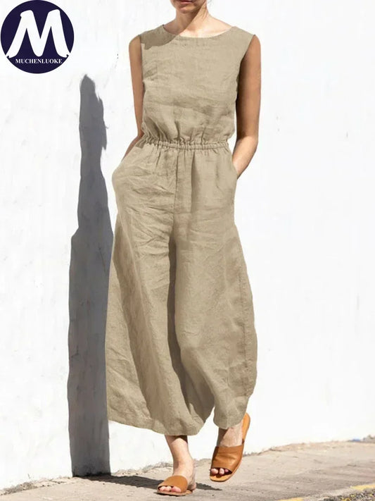 Jumpsuits for Women 2025 Summer Solid Sleeveless Long Jumpsuit Fashion Casual High Waisted Loose Wide Leg Pants Women's Clothing