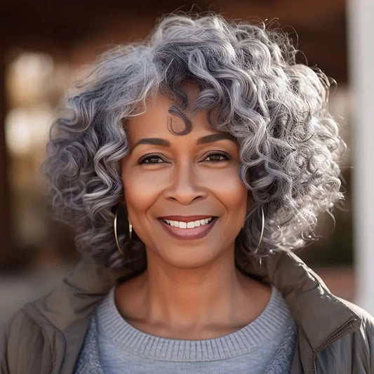LULUCHIC Seniors Salt & Pepper Wig Loose Curly Short Bob Silver Gray Human Hair Minimalist Glueless Wigs Brazilian Vingin Hair