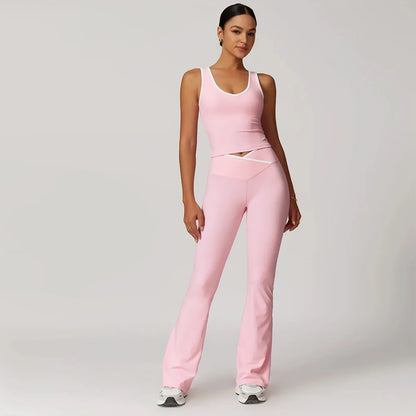 Active Wear Women 2 Piece Pants Set Sport Yoga Fitness Vest Flare Pants Outfits Summer Casual Jogging Two Piece Tracksuit