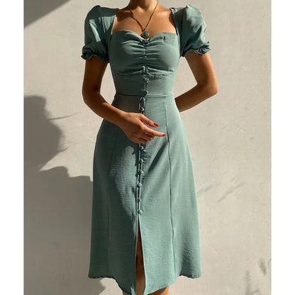 Dresses For Women 2025 Summer New V Neck Short Sleeve Single-breasted Midi Dress Elegant Holiday Casual Robes Sexy Slit Vestidos