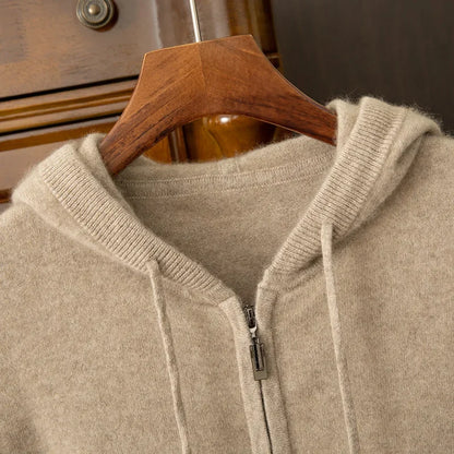 24 men's autumn and winter 100% pure wool cardigan hooded with pocket solid color thick sweater casual cashmere knitted jacket