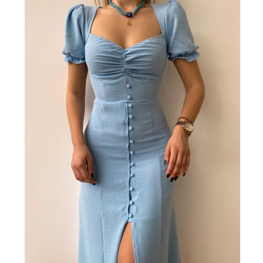 Dresses For Women 2025 Summer New V Neck Short Sleeve Single-breasted Midi Dress Elegant Holiday Casual Robes Sexy Slit Vestidos