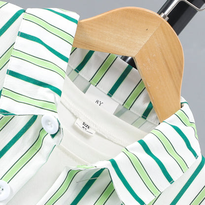 2pcs Boys Casual Striped Short Sleeve Lapel Shirt & Shorts Set, Comfy Summer Boys Clothing