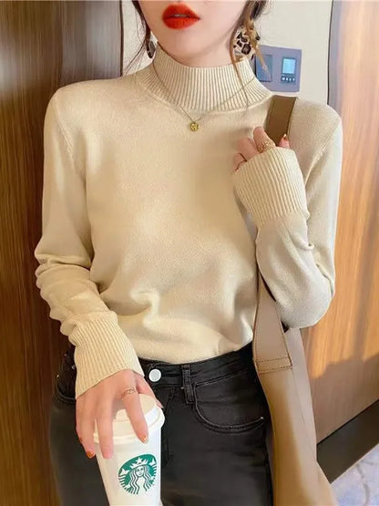 Autumn Winter Chic Bottom Sweaters Women Fashion Turtleneck Pullover Loose Long Sleeve Knitted Jumpers Soft Warm Pull Femme Top