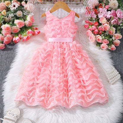 Kids Girl Pink Dress Elegant Short Sleeve Floral Toddler Girls Summer Dresses Cute Fashion Sweet Children Dress 3 4 5 6 7 Yrs