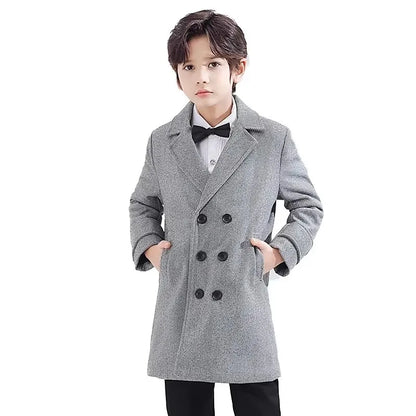 School Children Retro British Style Winter Thick Warm Wool Long Coat Boys  Windproof Outdoor Jacket Kids Formal Birthday Party P