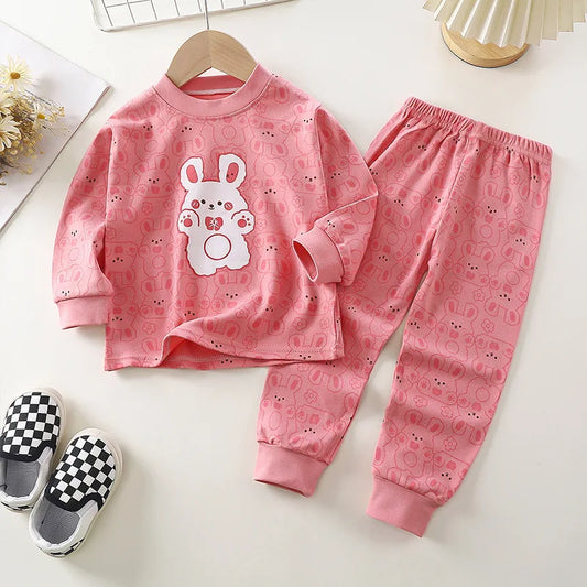 Kids Unisex Casual Pajama Suit Cartoon Print Long Sleeve Tops+ Pants Boys Girls Sleepwear