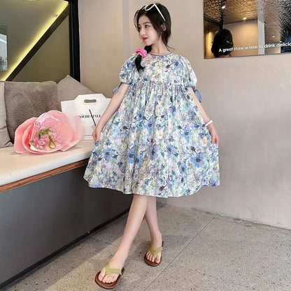 2025 Girls Dress Summer Loose Floral Pattern Beach Dress For Girl Bohemia Princess Children Dresses Vestido Teenage 3-14 Years