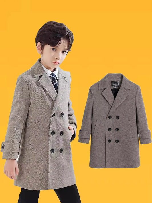 School Children Retro British Style Winter Thick Warm Wool Long Coat Boys  Windproof Outdoor Jacket Kids Formal Birthday Party P