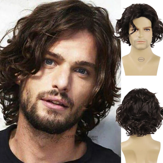 Short Curly Wig for Men Synthetic Layered Wavy Brown Wigs Cosplay Costume Daily Party Halloween Heat Resistant Natural Looking
