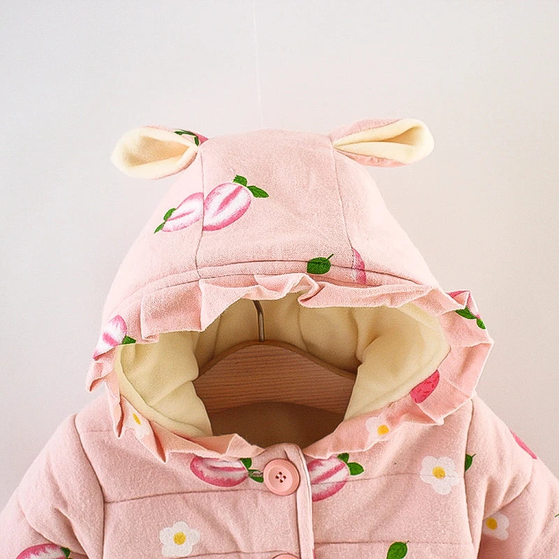 Winter Promotion Girls Coat Padded Jacket Furry Pocket Bow Long Sleeve Hooded Strawberry Cartoon Pattern Warm and Thick