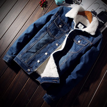 Winter New Men's Clothing Fashion Trend Fleece Denim Jackets Slim Fit Thick Collar Single Breasted Warm Casual Coats