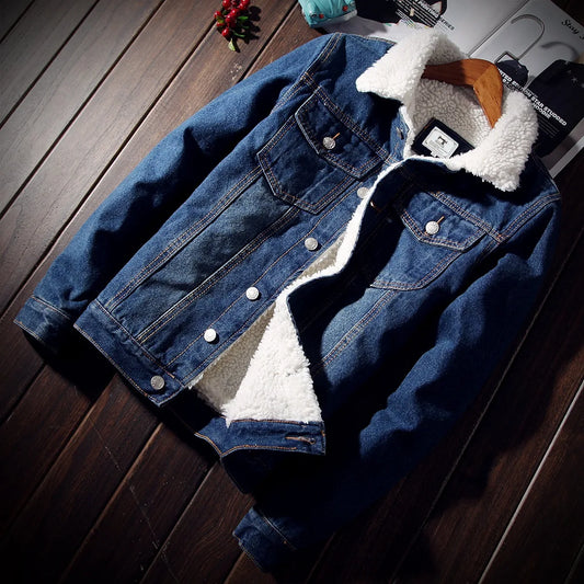 Winter New Men's Clothing Fashion Trend Fleece Denim Jackets Slim Fit Thick Collar Single Breasted Warm Casual Coats