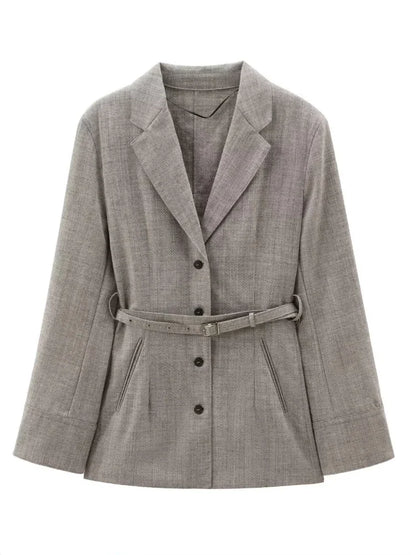 ZBZA Women Loose Blazer with Belt Lapel Long Sleeve Single Breasted Solid Sleeve Button Casual Commuter Jacket Fall Winter Coat