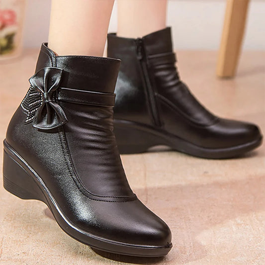 Fashion Winter Women Ankle Boots PU Leather Female Thick Plush Warm Snow Boots Mother Waterproof Non-slip Booties Luxury