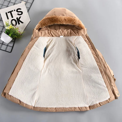Winter Girls' New Nail Bead and Plush Thickened Waist Hair Collar Hooded Fashionable Windproof and Warm Cotton Jacket