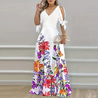 2024 Summer Elegant Women Sexy V Neck Bohemian Long Dress Floral Print Party Dress Tie-up Short Sleeve Hollow Maxi Dresses