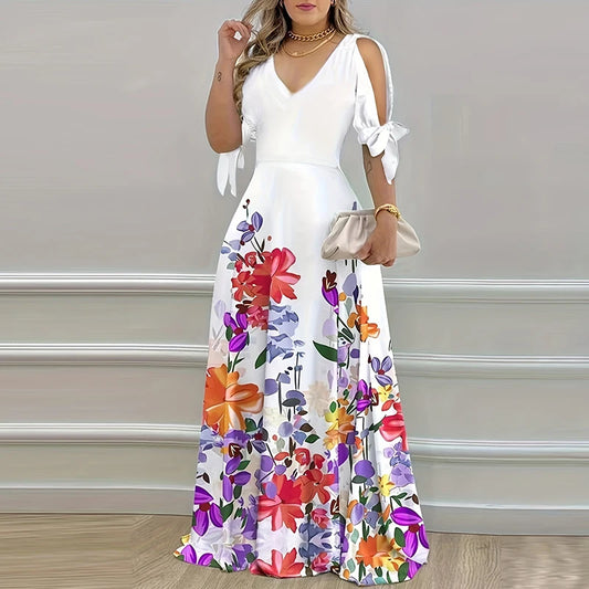 2024 Summer Elegant Women Sexy V Neck Bohemian Long Dress Floral Print Party Dress Tie-up Short Sleeve Hollow Maxi Dresses