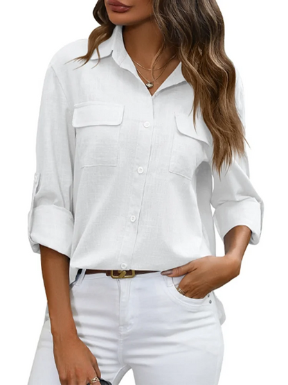 Lapel Solid Color Long Sleeved Pocket Button Women's T-shirt Daily Office Casual Elegant Spring Top