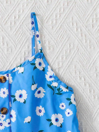 Girls' blue floral dress: light and comfortable, cool for summer, lively suspender design