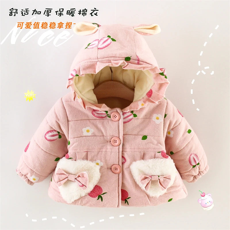 Winter Promotion Girls Coat Padded Jacket Furry Pocket Bow Long Sleeve Hooded Strawberry Cartoon Pattern Warm and Thick