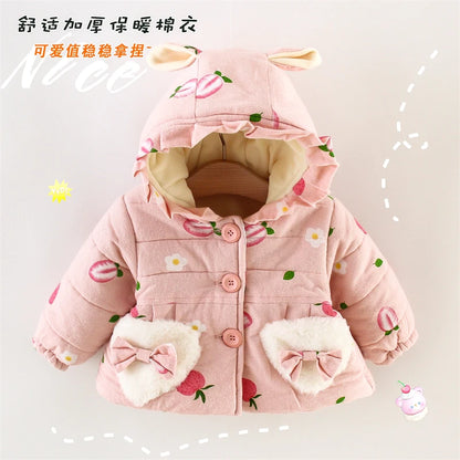 Winter Promotion Girls Coat Padded Jacket Furry Pocket Bow Long Sleeve Hooded Strawberry Cartoon Pattern Warm and Thick
