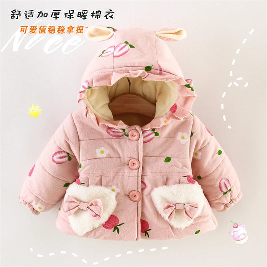 Winter Promotion Girls Coat Padded Jacket Furry Pocket Bow Long Sleeve Hooded Strawberry Cartoon Pattern Warm and Thick