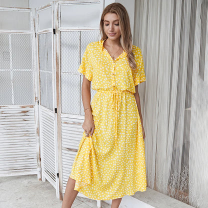 Vintage Floral Print Dress Women Boho Short Sleeve Long Dress Turn Down Collar Casual Waistband Shirt Dresses Robe 2021 Summer