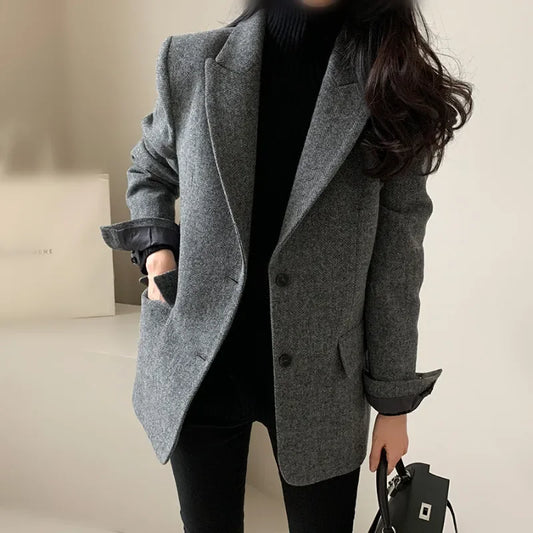 Women Blazers Coats Notched Full Sleeve Slim Fit Elegant Splice Suits Single Breasted Coat Autumn Winter 2024 Blazer Outerwear