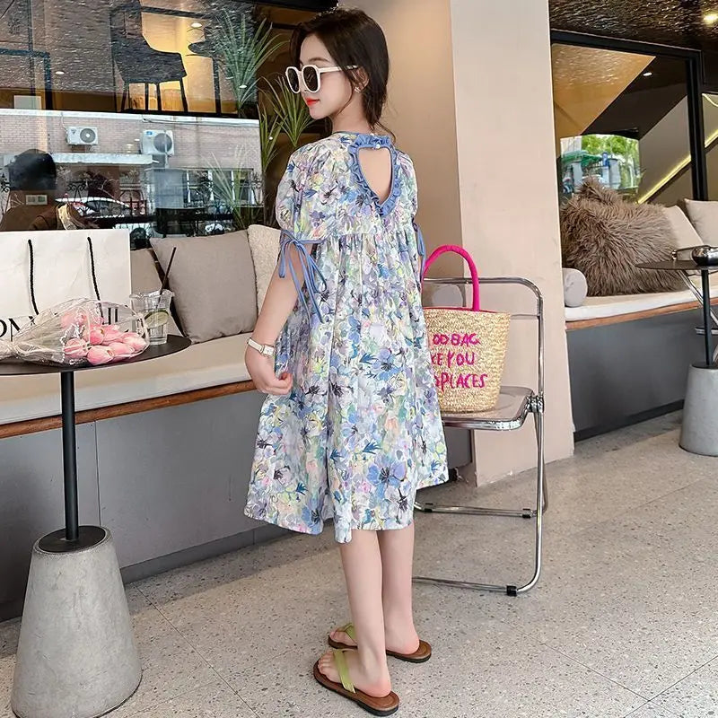 2025 Girls Dress Summer Loose Floral Pattern Beach Dress For Girl Bohemia Princess Children Dresses Vestido Teenage 3-14 Years