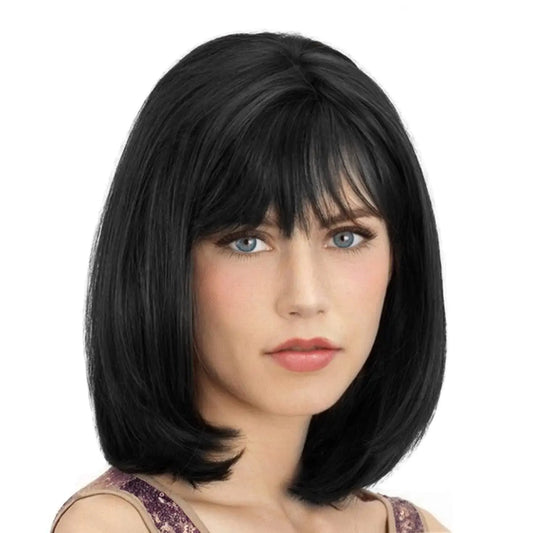 Wig with Bangs Darkest Brown Short Straight Wigs for Women Shoulder Length Heat Resistant Synthetic Natural Color Wigs
