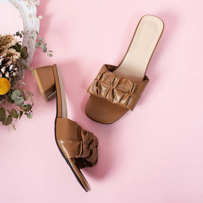 Fashionable Pleated Flip-Flops for Outer Wear, Thick Heel, Medium Heel Sandals