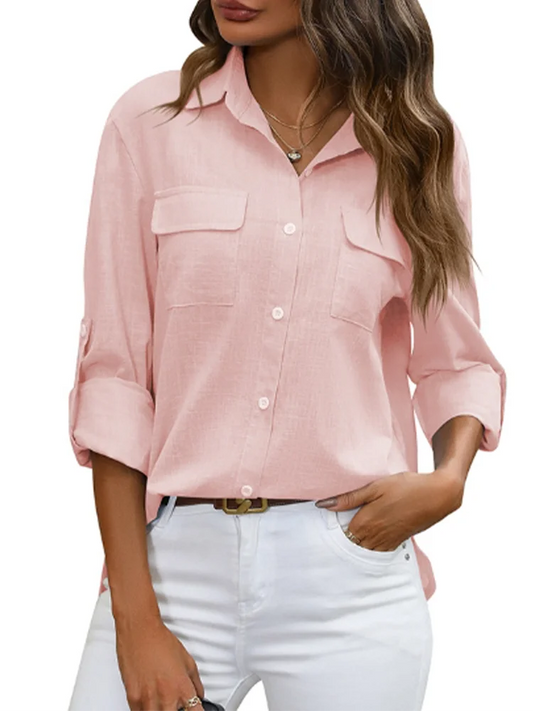 Lapel Solid Color Long Sleeved Pocket Button Women's T-shirt Daily Office Casual Elegant Spring Top
