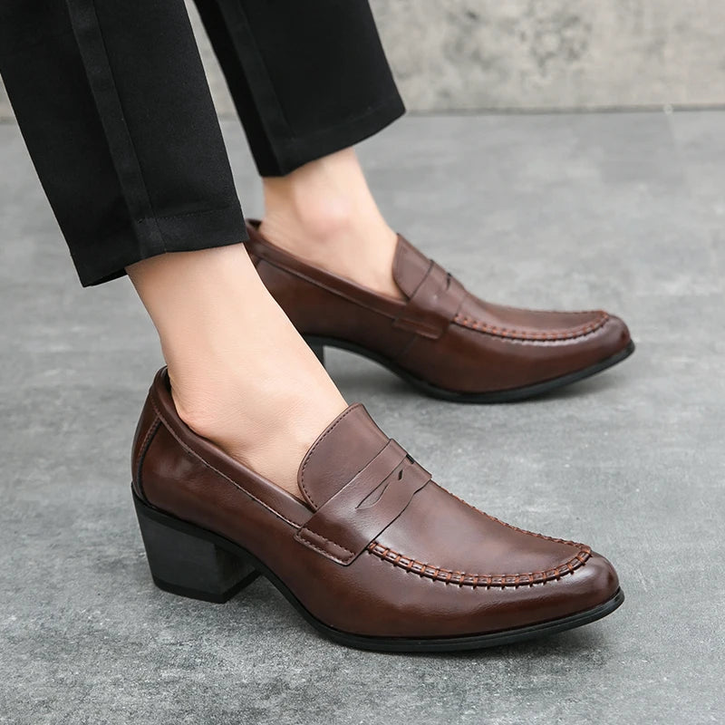 Men Retro Dress Shoes Black Brown Medium High Heels European and American Business Banquet Cuban Leather Shoes Size 38-45