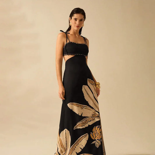 Chic Printed Backless Halter Dress Lace Up Slimming Maxi Dresses High Waist  Party Robes 2025 New Lady Vacation Party Clothing
