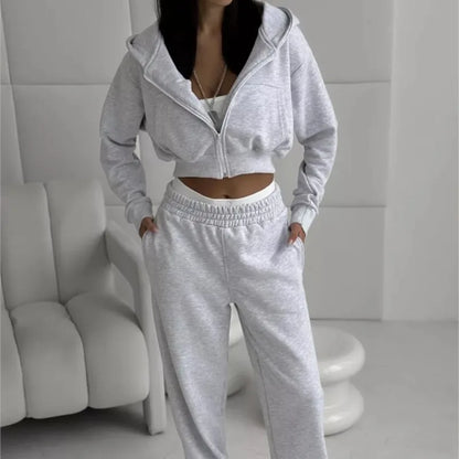 2025 New Women's Casual Long Sleeve Hooded Cropped Zip-Up Cardigan & Drawstring Sweatpants Two-Piece Active Lounge Set