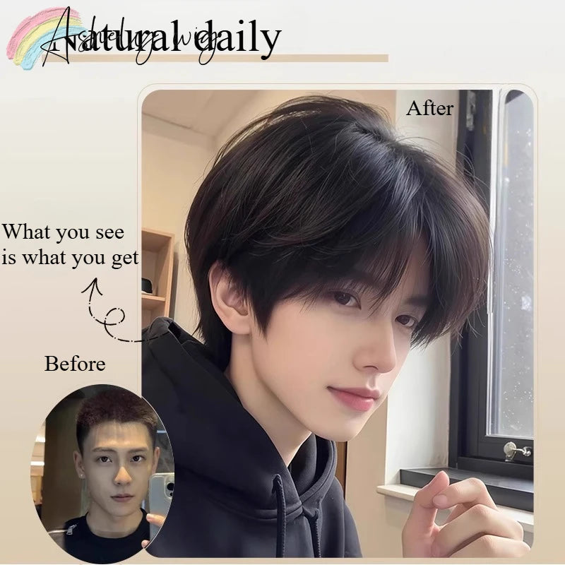 Short Wig for Men 6inches Black Wig with Bangs Natural Hair Wigs High Temperature Fibers Headband Synthetic Wigs for Daily Use