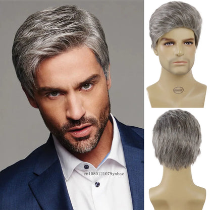 Short Wigs for Older Men Synthetic Grey Color Wig Toupees Natural Curly Wigs Daily Use Male Cosplay Costume Wig Hair Replacement