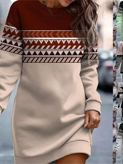 Autumn Winter Sweatshirt Dresses For Women 2023 Fashion Print O Neck Long Sleeve Casual Loose Dress New Woman Sweatshirts Robe