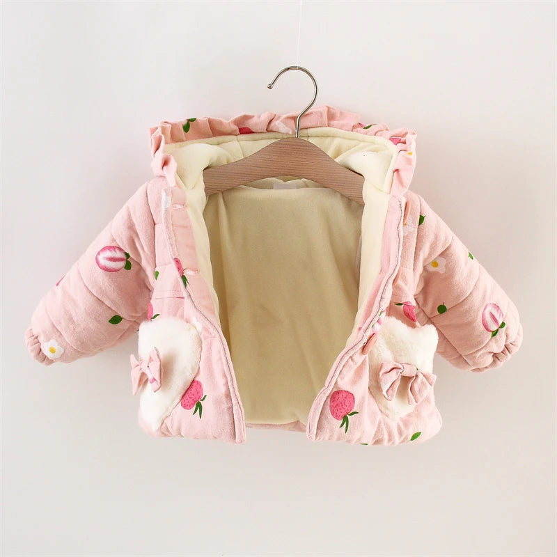 Winter Promotion Girls Coat Padded Jacket Furry Pocket Bow Long Sleeve Hooded Strawberry Cartoon Pattern Warm and Thick