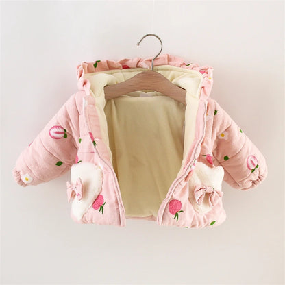 Winter Promotion Girls Coat Padded Jacket Furry Pocket Bow Long Sleeve Hooded Strawberry Cartoon Pattern Warm and Thick