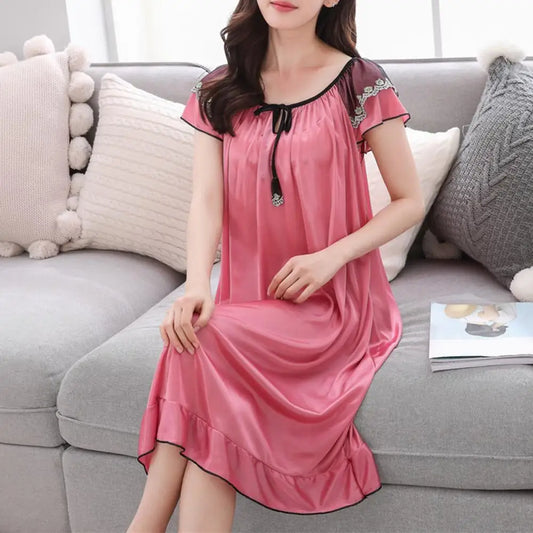 Sleeping Dress for Women Night Gowns Sleepwear Lace Long Sleeping Dress Casual Satin Ruffle Hem Summer Nightdress Pajama Dress